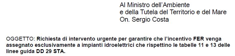 Lettera al Ministro Costa