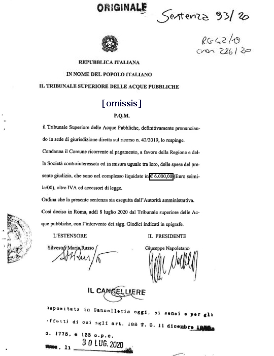 Sentenza TSAP - rio Carne  Comune Pigna