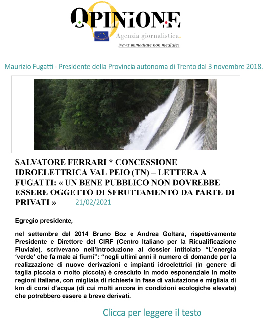 Lettera di Salvatore Ferrari a Maurizio Fugatti